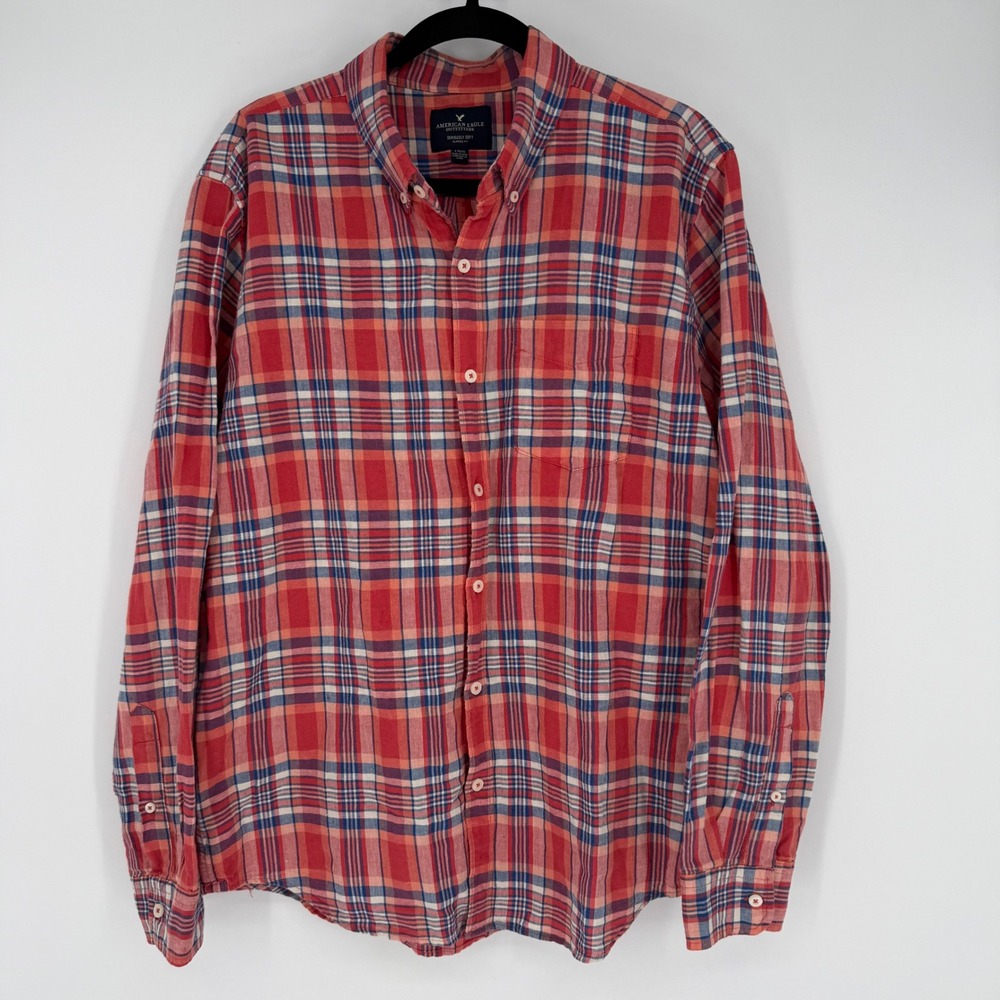 AMERICAN EAGLE MEN'S RED WHITE BLUE PLAID LINEN BLEND BUTTON UP SHIRT LARGE